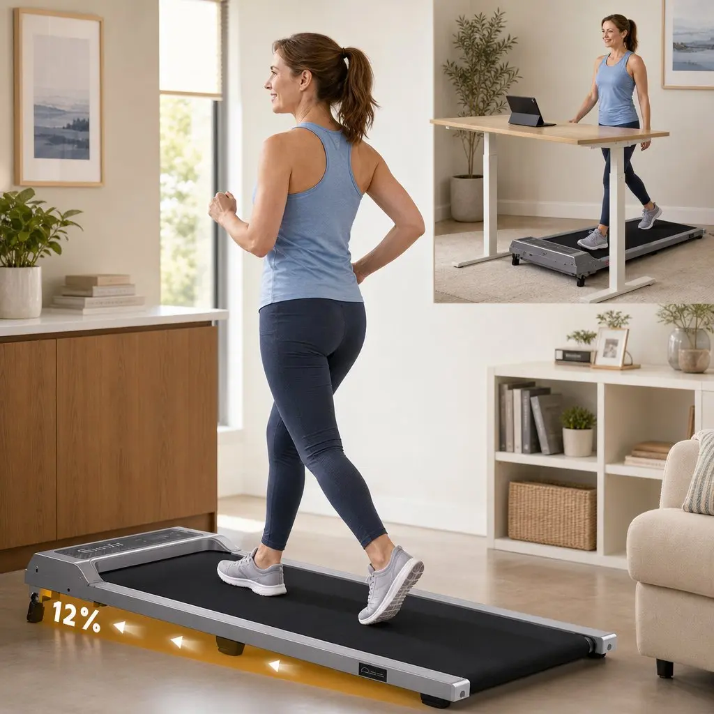 3 in 1 Treadmill Compact Under Desk Walking Pad 100 x 40 cm with 12% Incline for Home Gym Exercise