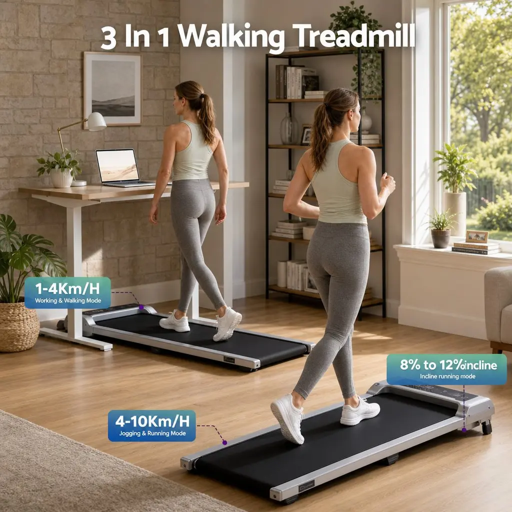 3 in 1 Treadmill Compact Under Desk Walking Pad 100 x 40 cm with 12% Incline for Home Gym Exercise