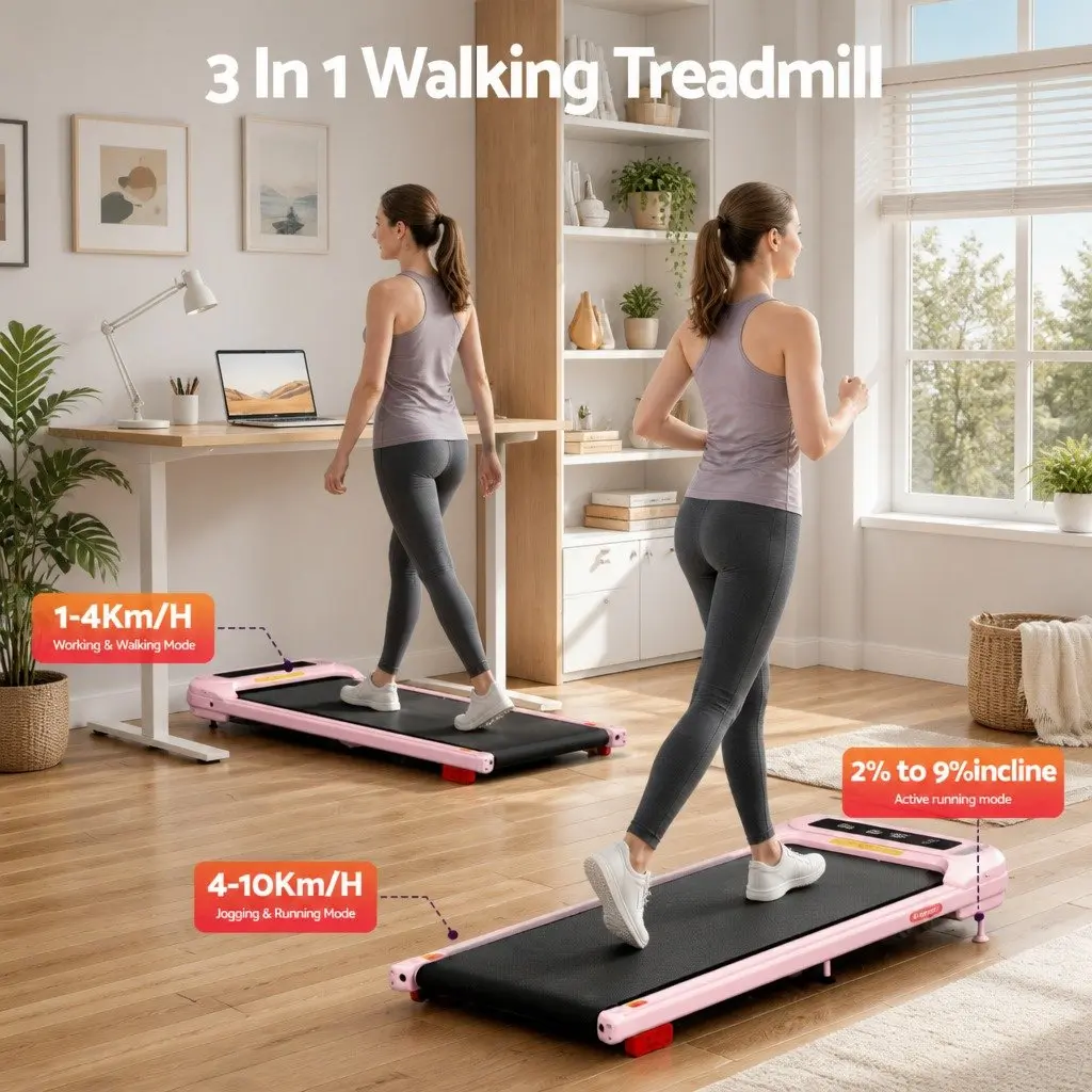 Electric Treadmill Under Desk Pink 3-Level Incline for Home Gym Use