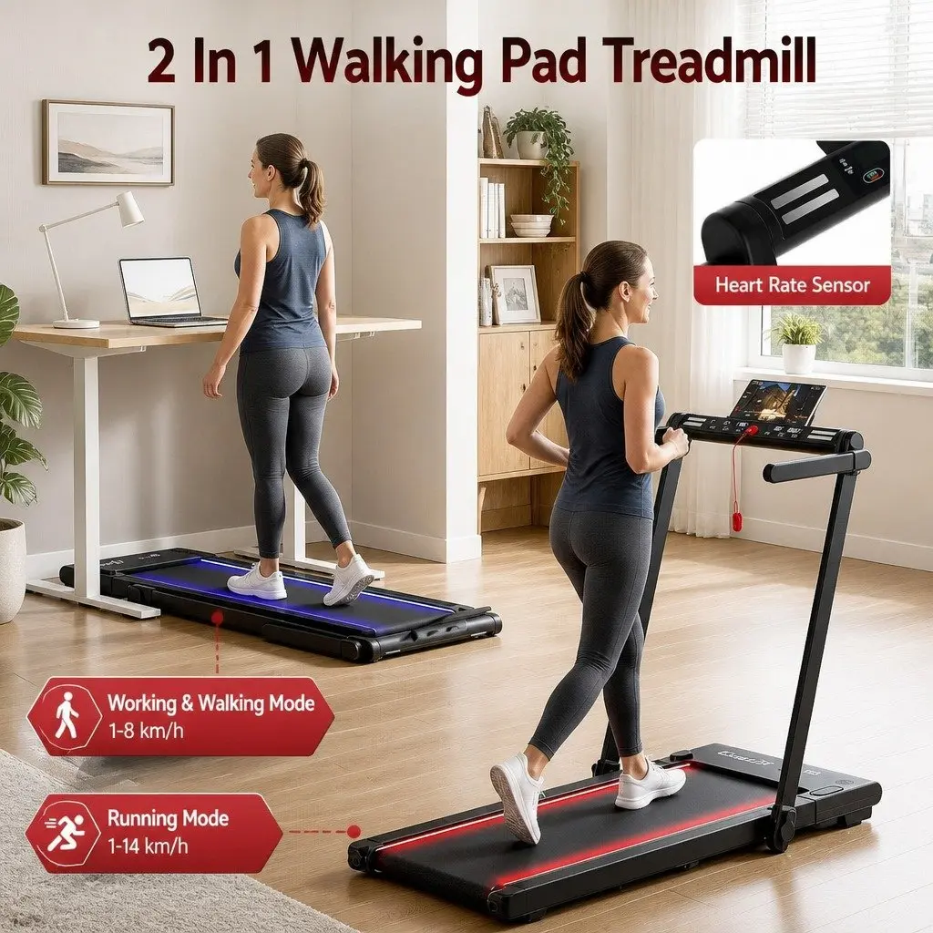 3-in-1 Walking Pad Treadmill LED Lights Foldable Under Desk Home Gym 40cm Belt