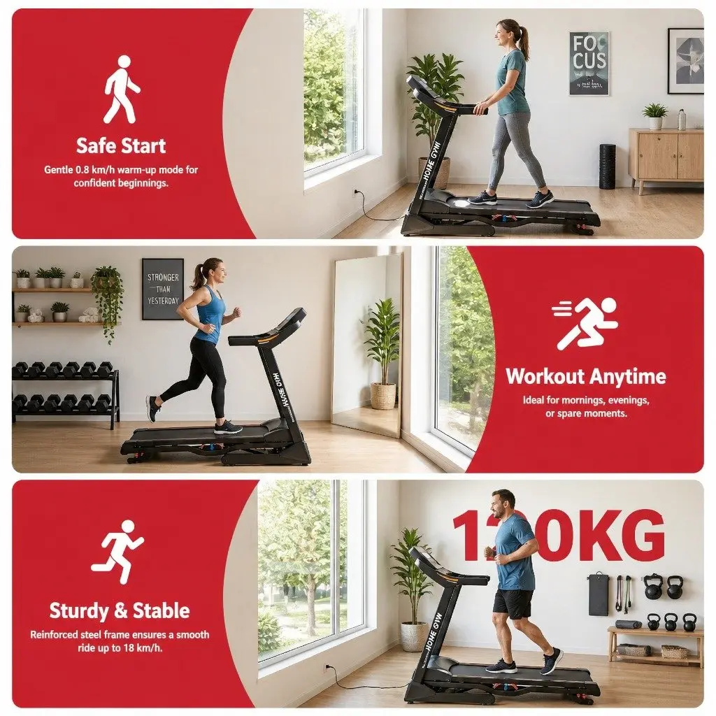 Electric Treadmill Auto Incline 18 Speed Compact Home Gym Fitness Machine 480mm Black