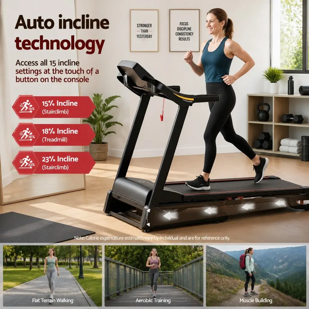 Electric Treadmill Auto Incline 18 Speed Compact Home Gym Fitness Machine 480mm Black