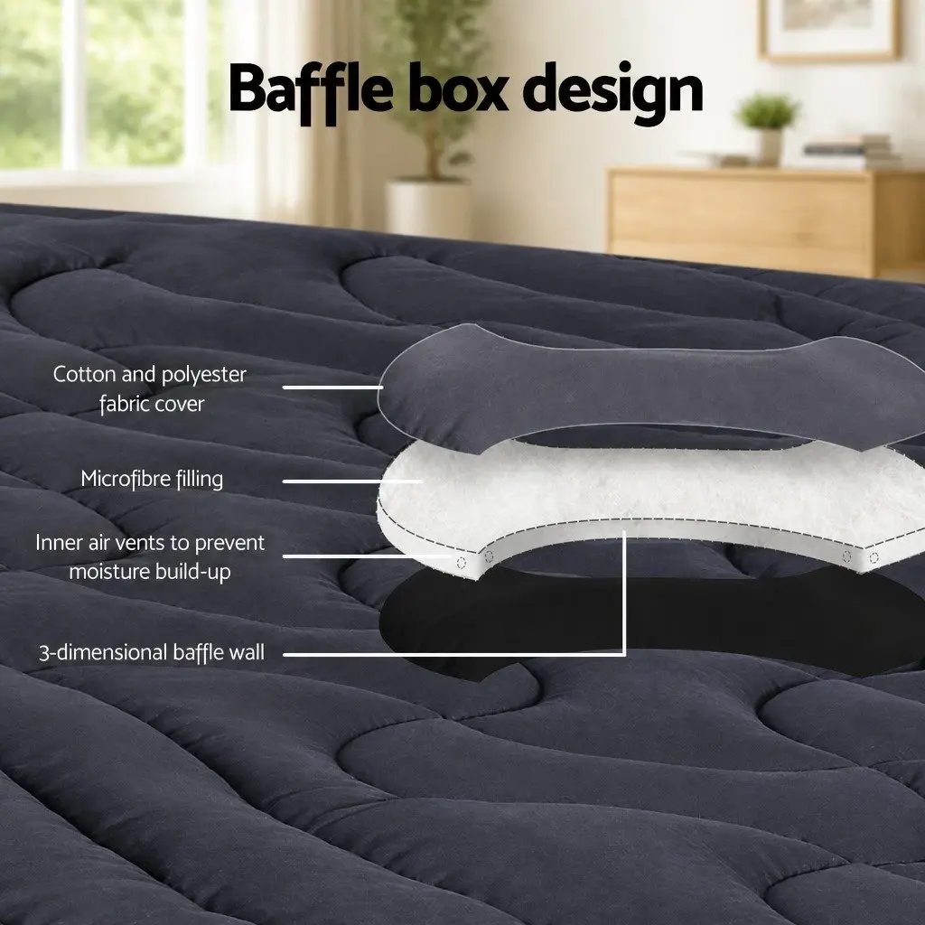 King Single Mattress Topper 3-Zone Pillowtop 1000GSM Charcoal Washable Deep