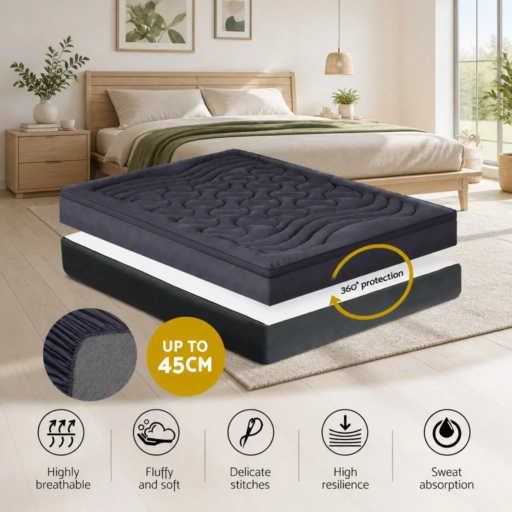 King Single Mattress Topper 3-Zone Pillowtop 1000GSM Charcoal Washable Deep