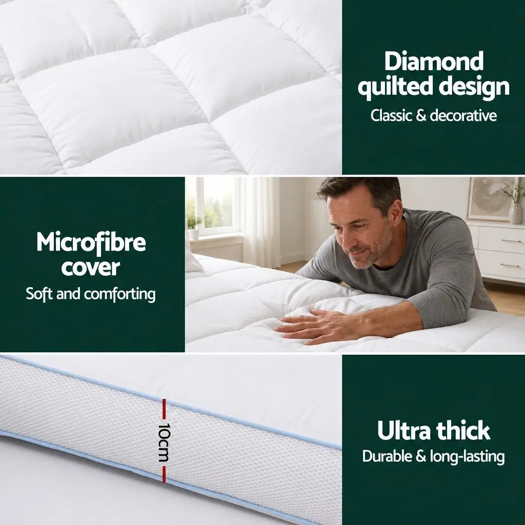Pillowtop Mattress Topper 10cm Thick Double Bed Pad White Cooling Underlay Deep