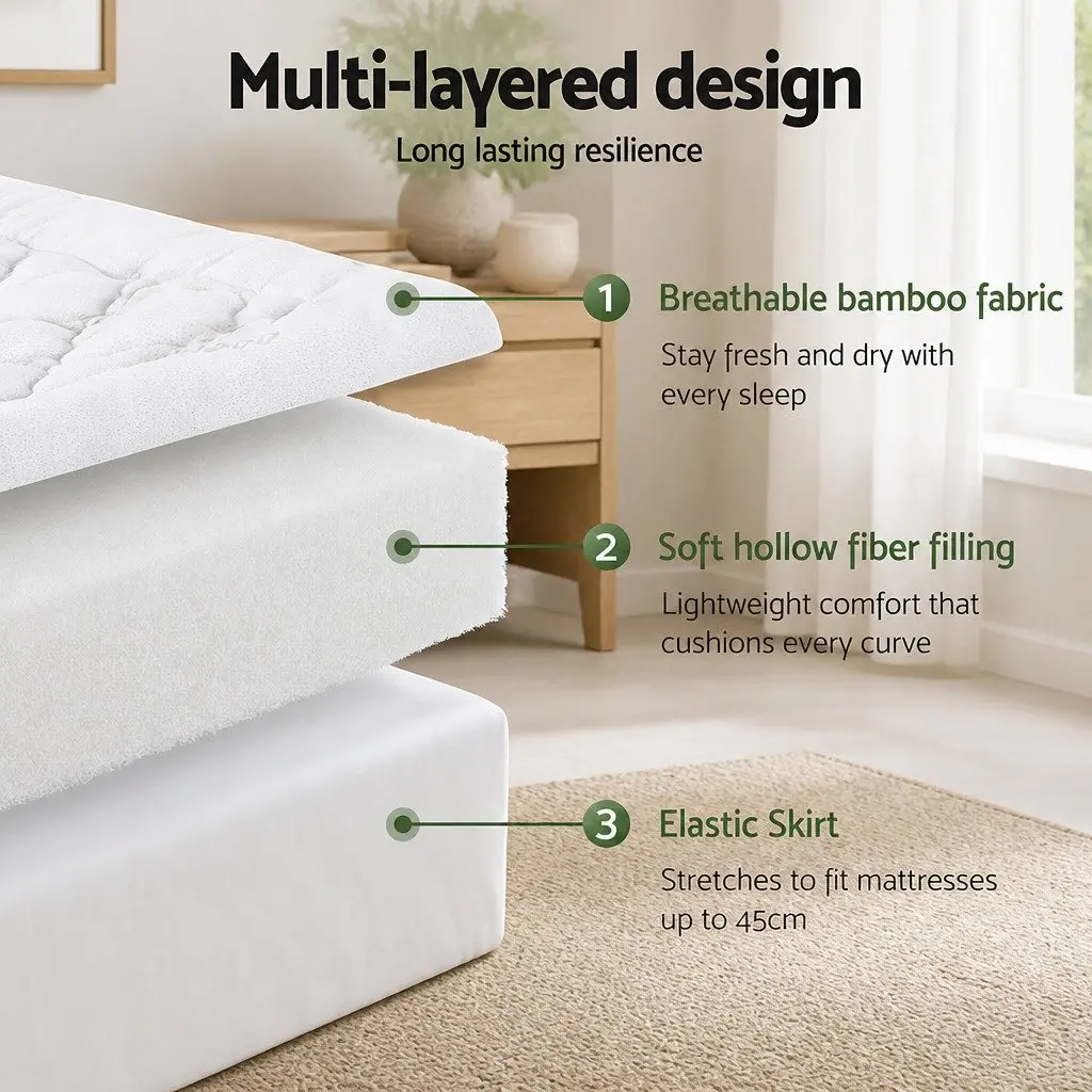 Pillowtop Mattress Topper 5cm Bamboo Cooling Pad Single Bed Washable Deep Pocket