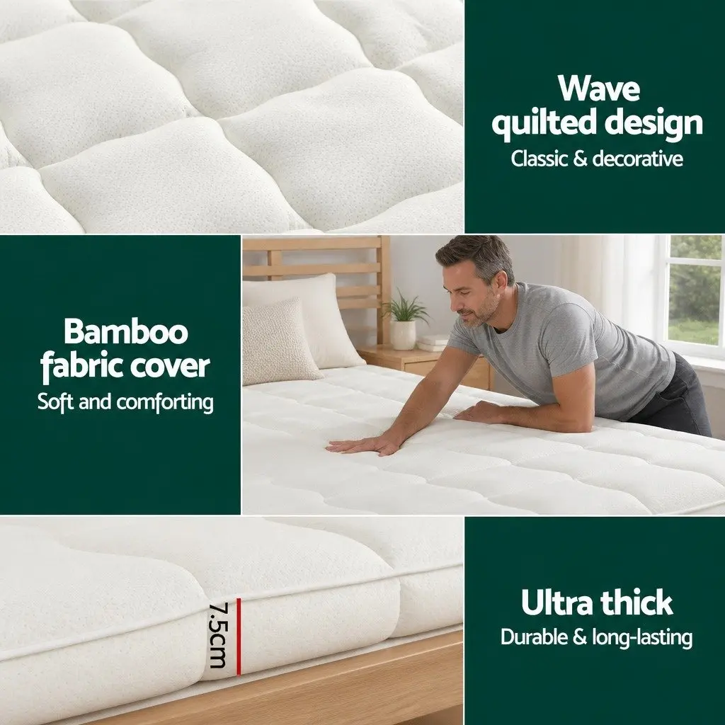 Mattress Topper Pillowtop 7.5cm Thick King Single Bamboo Fabric