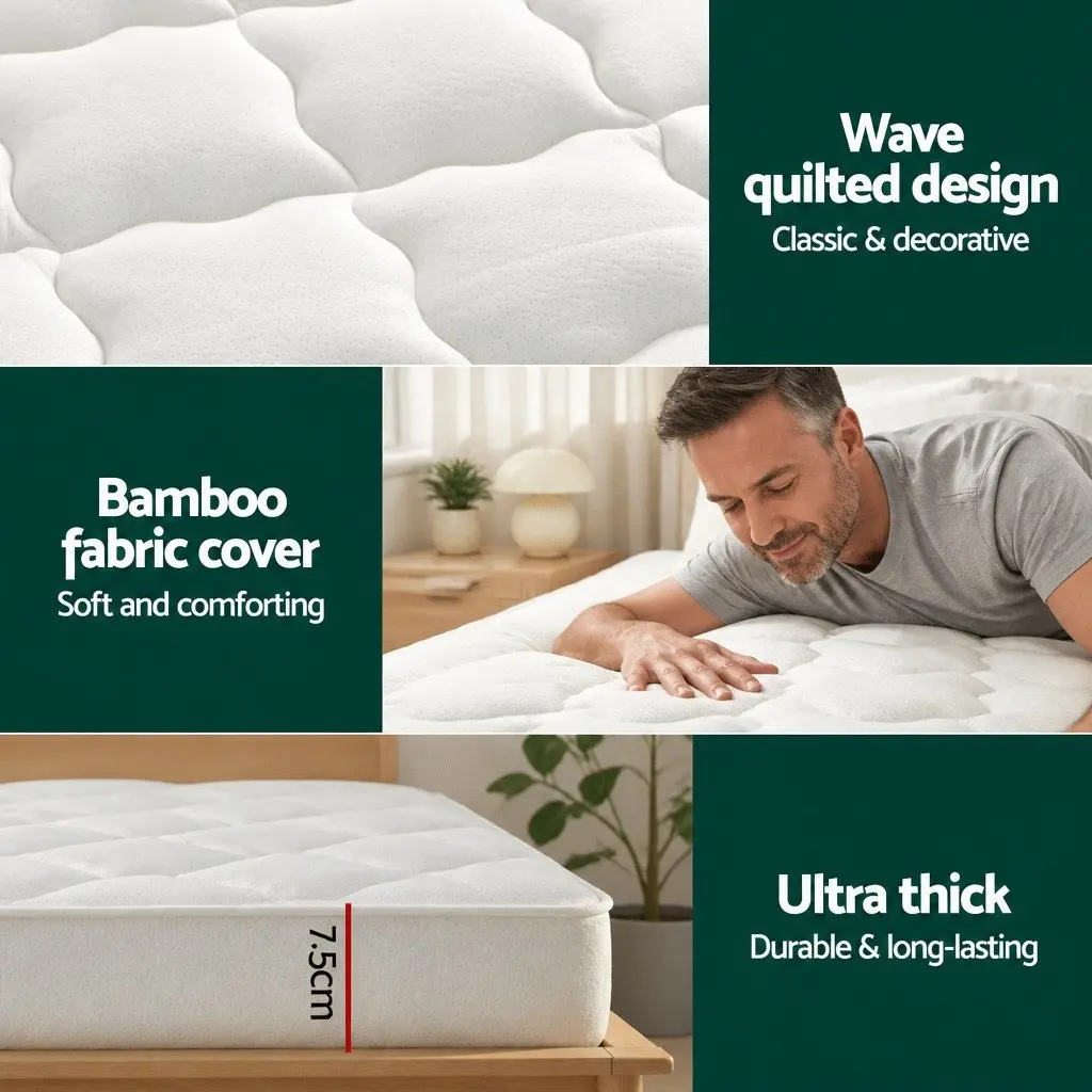 Pillowtop Mattress Topper 7.5cm Thick Queen Size Bamboo Cover Washable