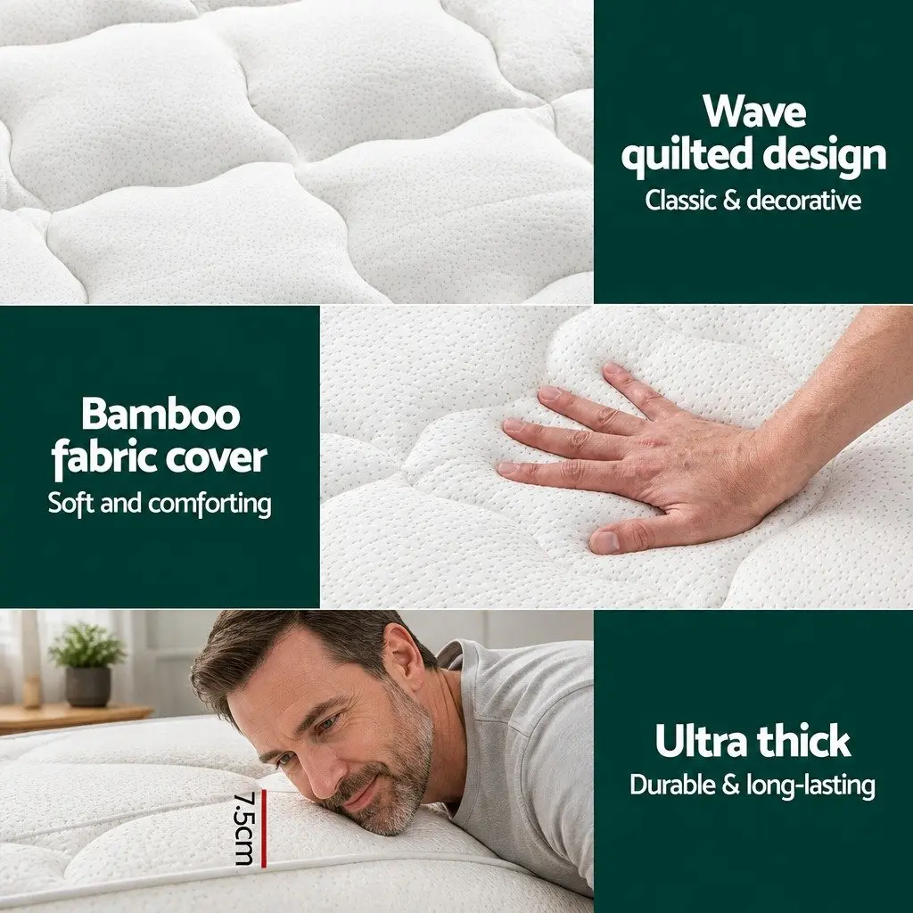 Pillowtop Mattress Topper 7.5cm Thick Queen Size Bamboo Cover Washable