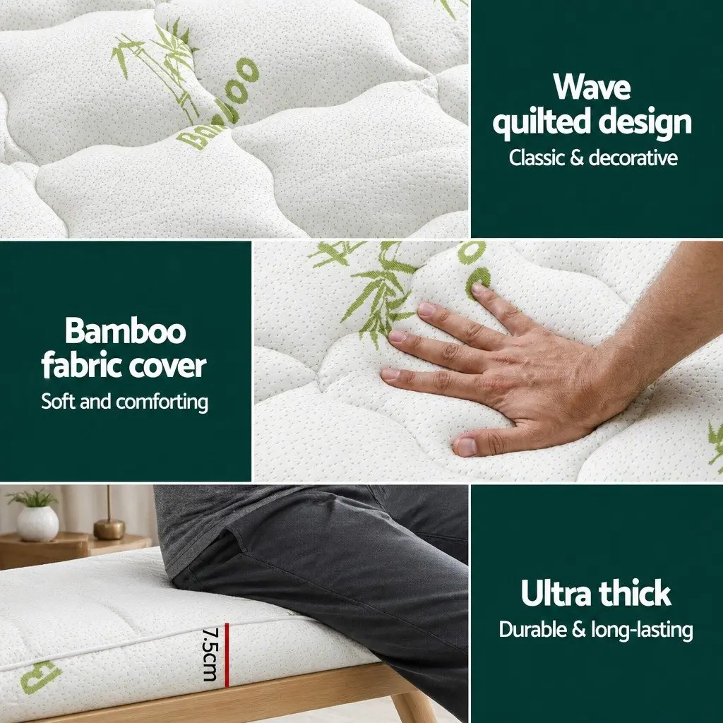 Pillowtop Mattress Topper Bamboo Cover 7.5cm Single Bed Pad Deep Pocket White