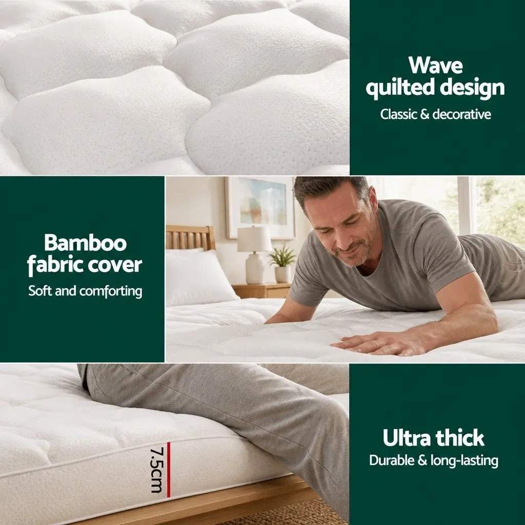 Pillowtop Mattress Topper Bamboo Cover 7.5cm Single Bed Pad Deep Pocket White