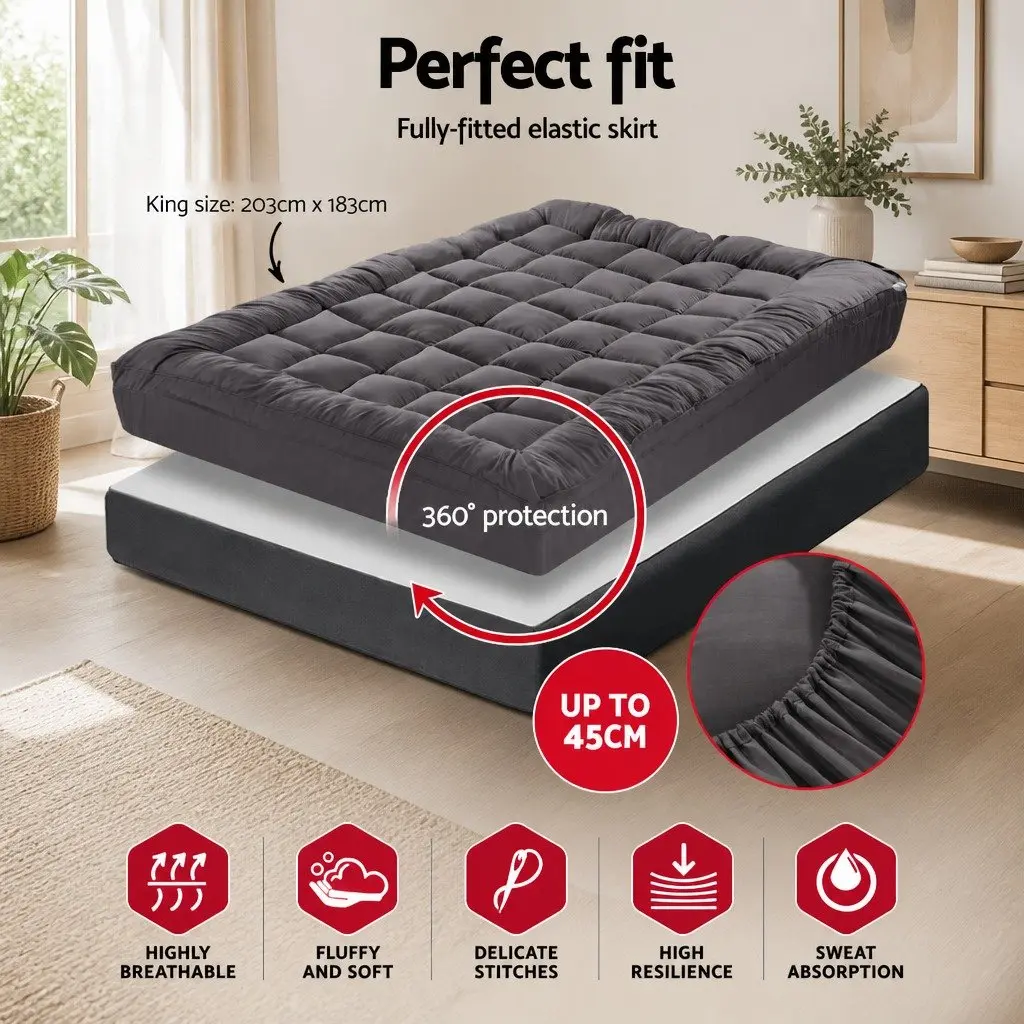 King Size Mattress Topper Grey Pillowtop 5cm Thick Bamboo Charcoal Microfibre 45cm Deep Pocket