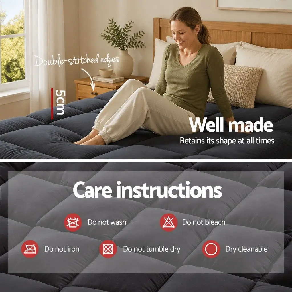 King Size Mattress Topper Grey Pillowtop 5cm Thick Bamboo Charcoal Microfibre 45cm Deep Pocket