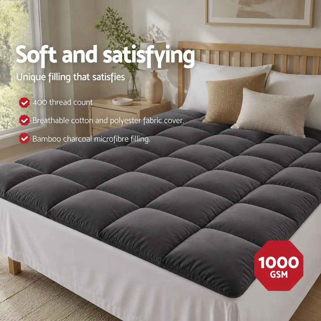 King Size Mattress Topper Grey Pillowtop 5cm Thick Bamboo Charcoal Microfibre 45cm Deep Pocket