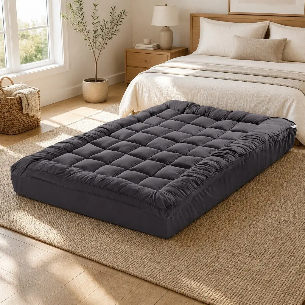 King Size Mattress Topper Grey Pillowtop 5cm Thick Bamboo Charcoal Microfibre 45cm Deep Pocket