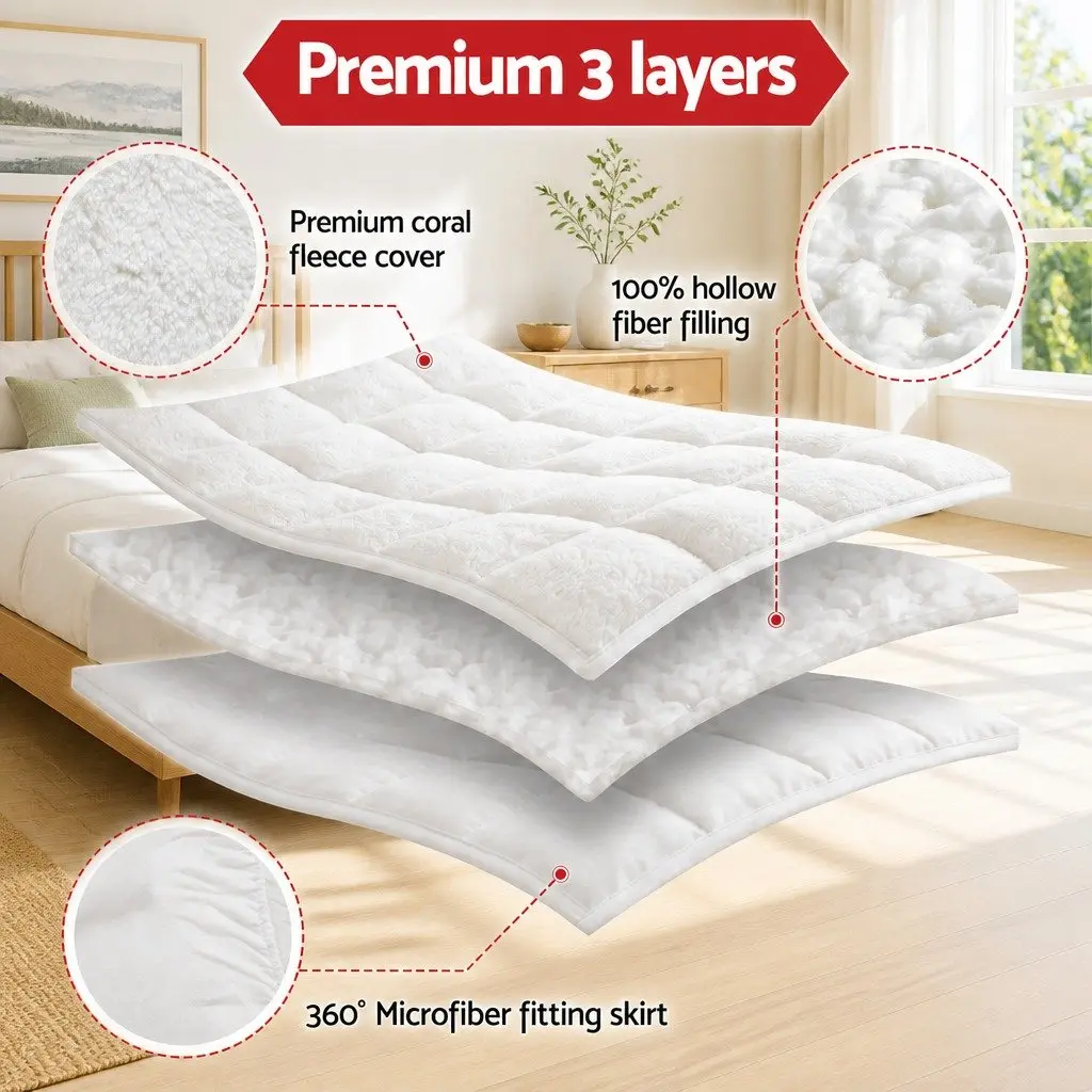 Double Mattress Topper 5cm Pillowtop Coral Fleece Hollow Fiber