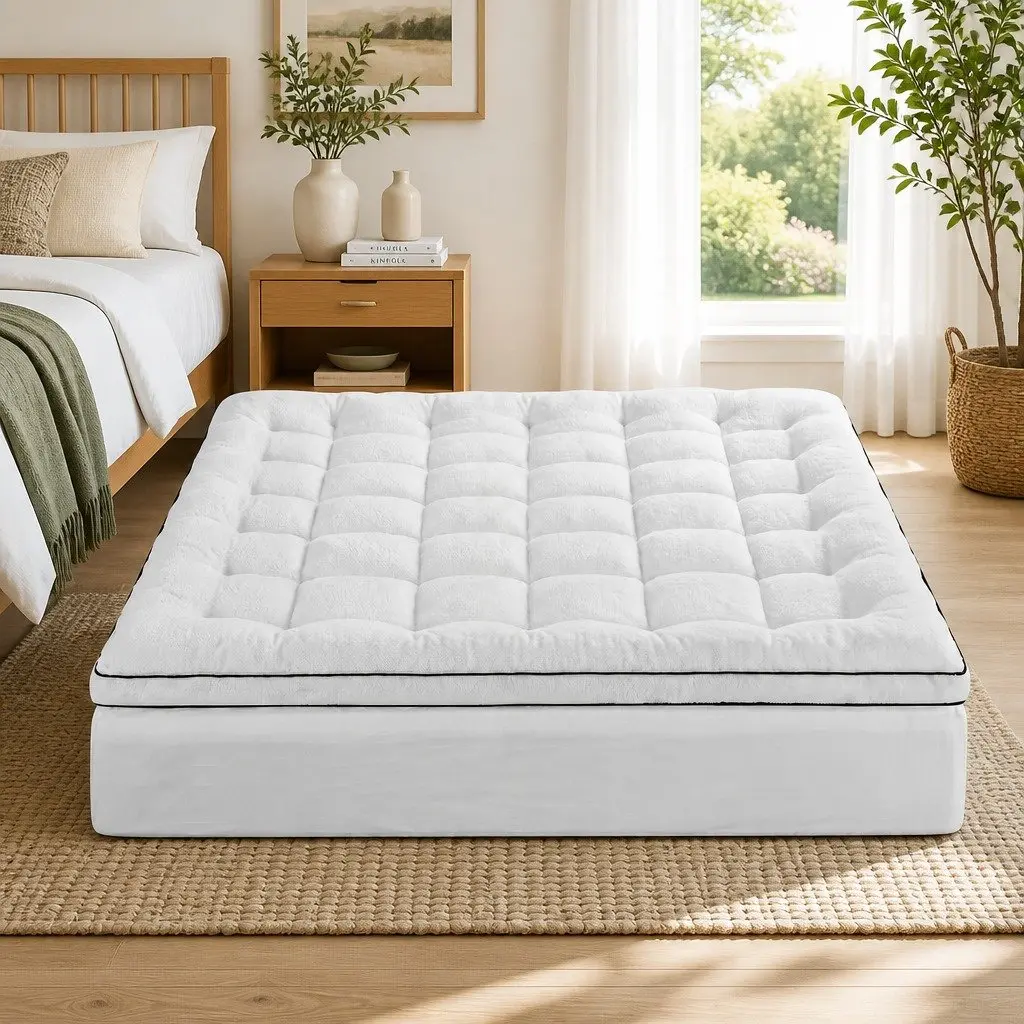 King Mattress Topper 5cm Pillowtop Coral Fleece Fitted Elastic Skirt Support