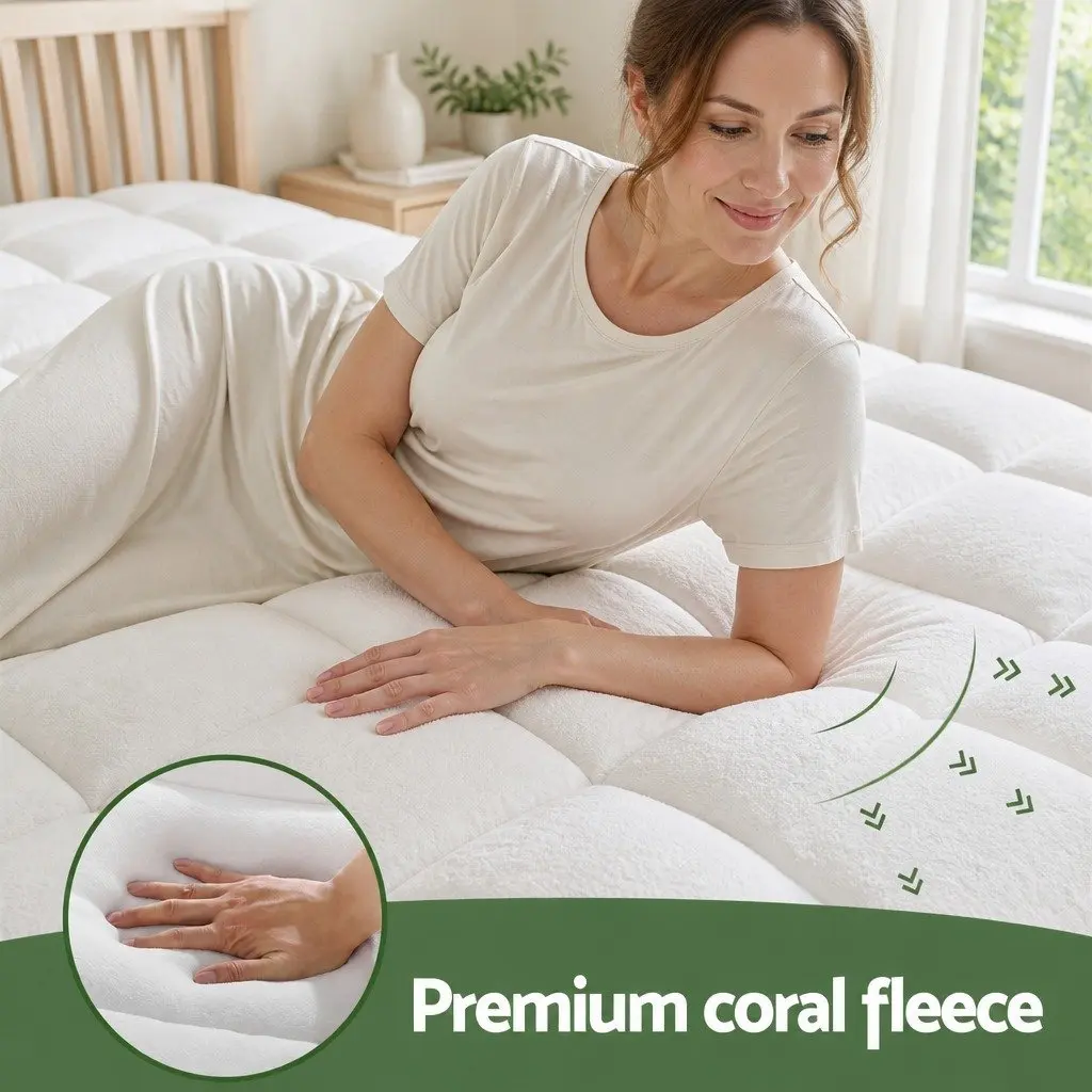 King Mattress Topper 5cm Pillowtop Coral Fleece Fitted Elastic Skirt Support