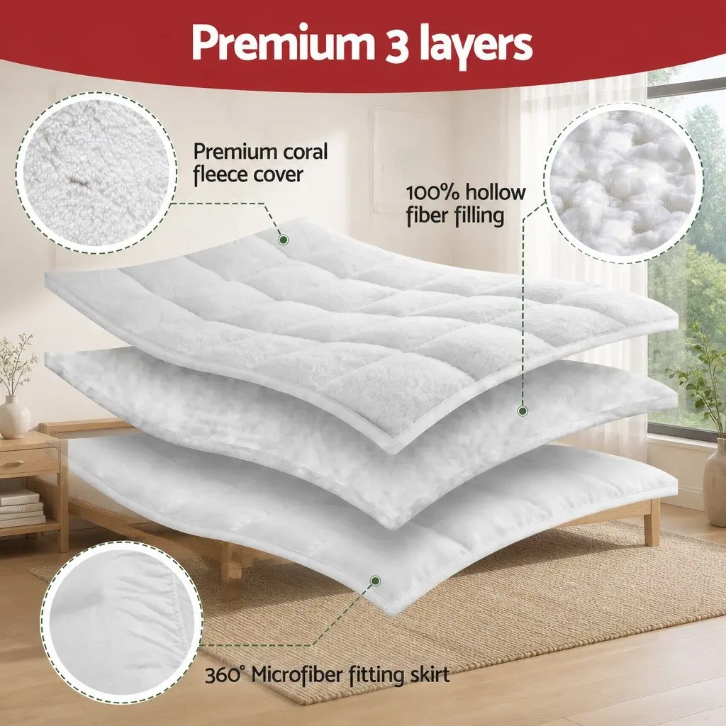 King Mattress Topper 5cm Pillowtop Coral Fleece Fitted Elastic Skirt Support