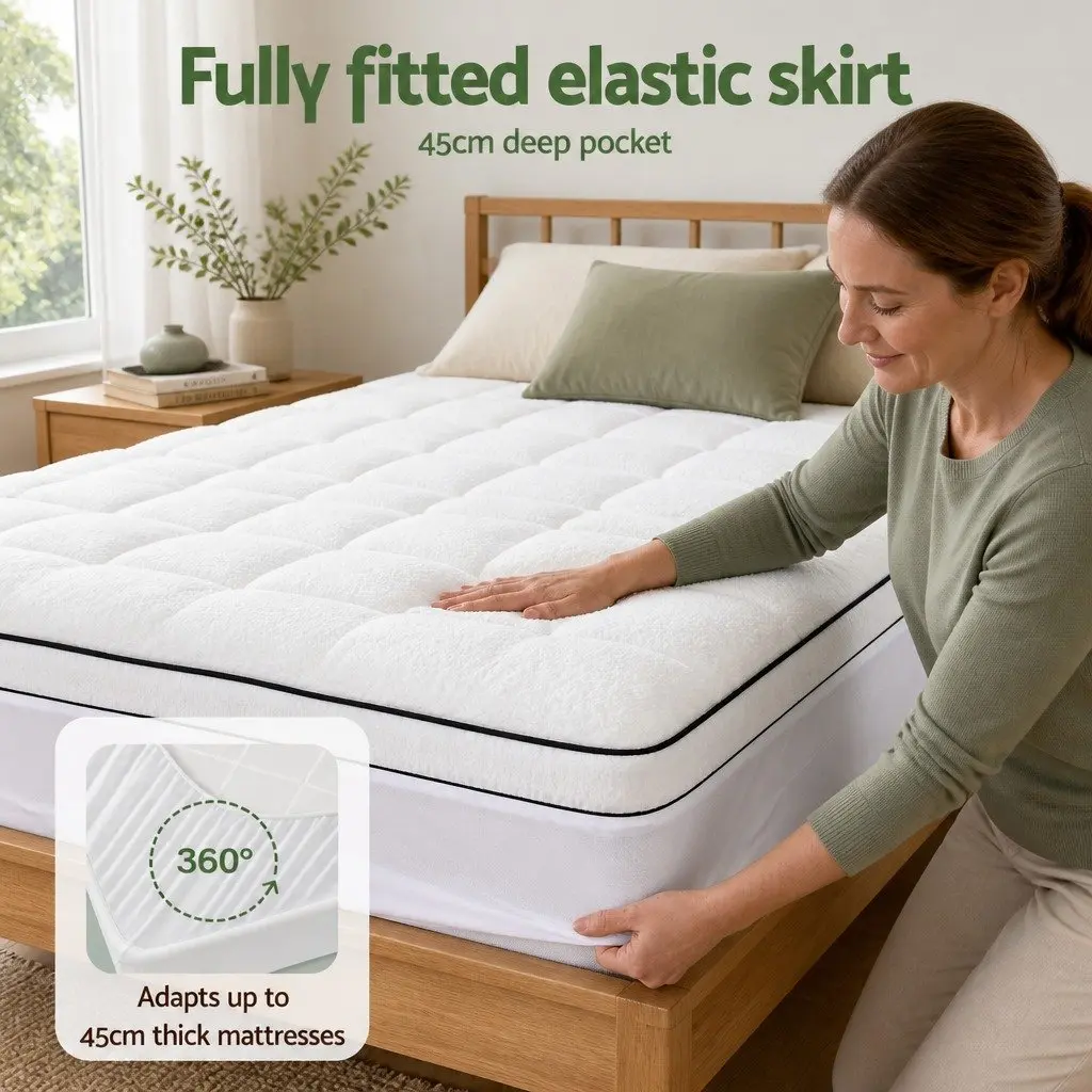 King Mattress Topper 5cm Pillowtop Coral Fleece Fitted Elastic Skirt Support