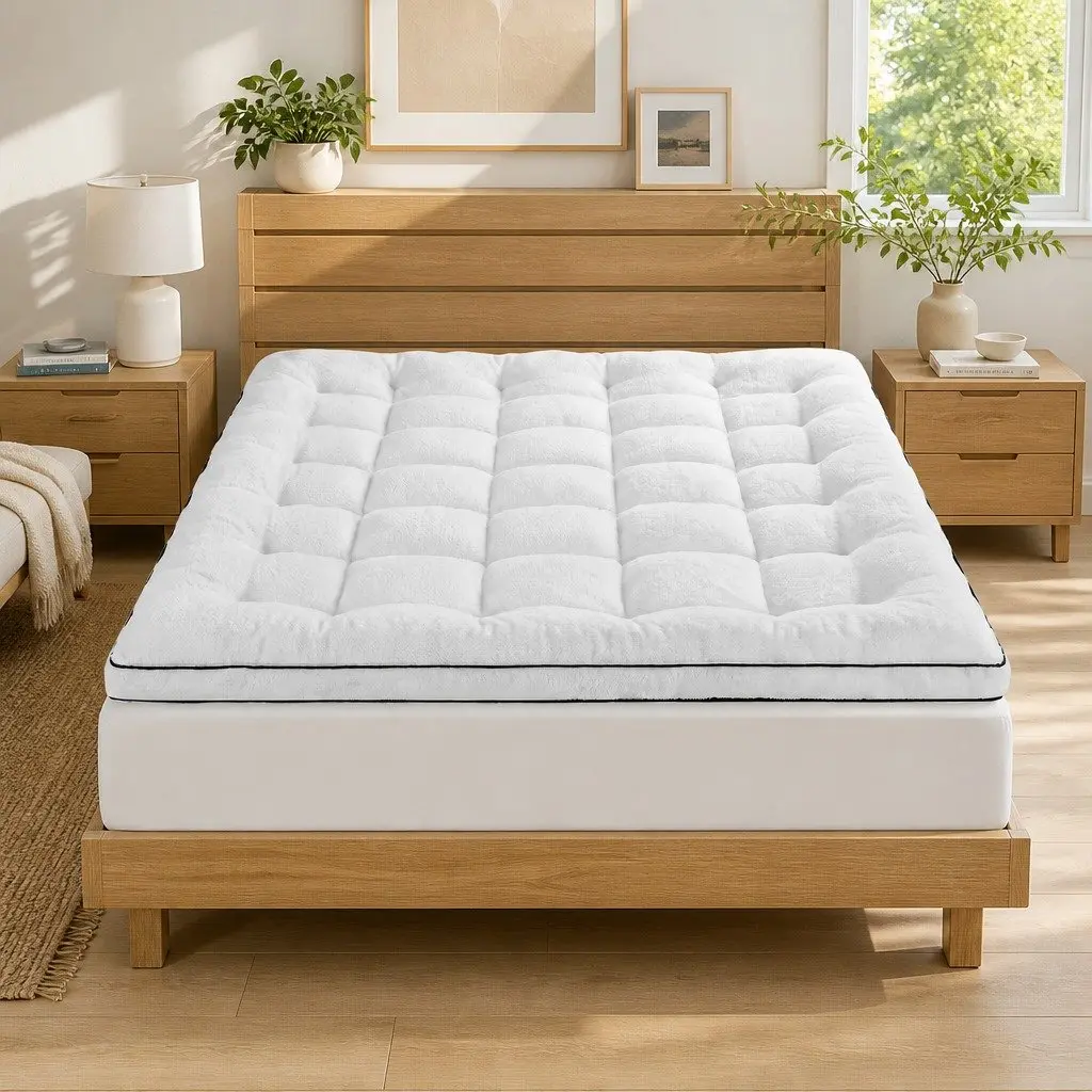 Queen Mattress Topper 5cm Pillowtop Coral Fleece Fitted Baffle Box Stitch
