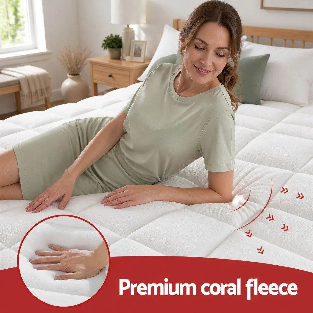 Queen Mattress Topper 5cm Pillowtop Coral Fleece Fitted Baffle Box Stitch