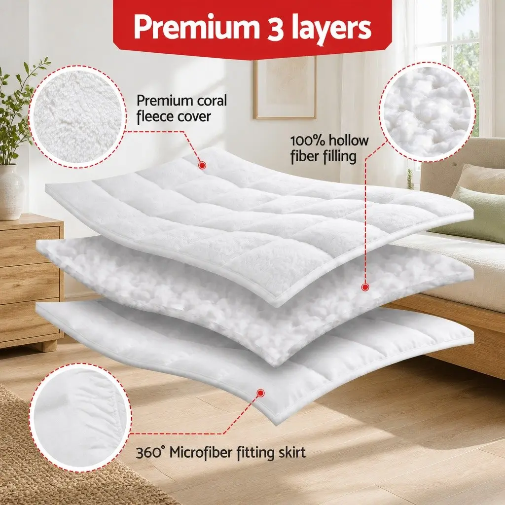Queen Mattress Topper 5cm Pillowtop Coral Fleece Fitted Baffle Box Stitch