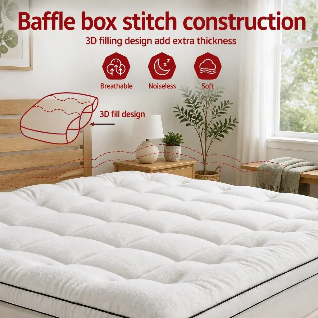 Queen Mattress Topper 5cm Pillowtop Coral Fleece Fitted Baffle Box Stitch