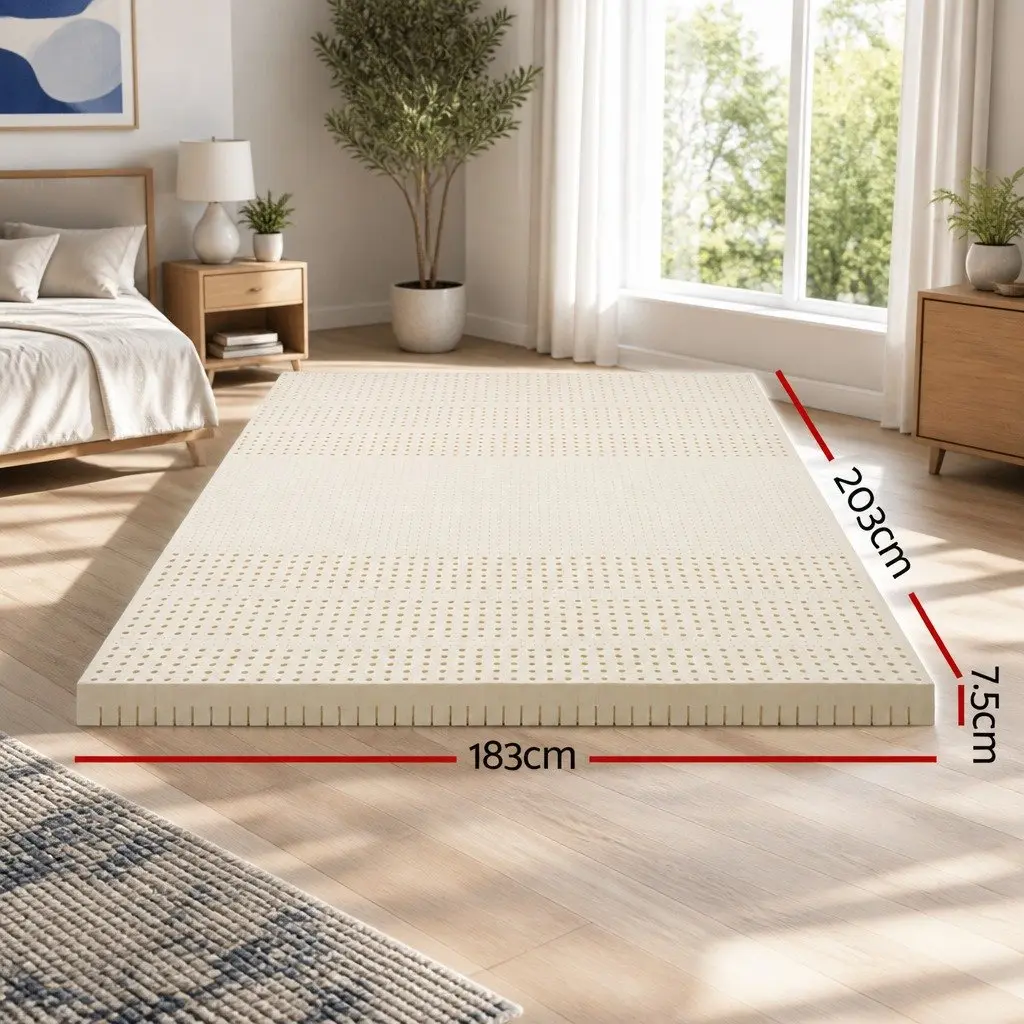 King Latex Mattress Topper 7.5cm Thick 7-Zone Pressure Relief Bed Pad Washable