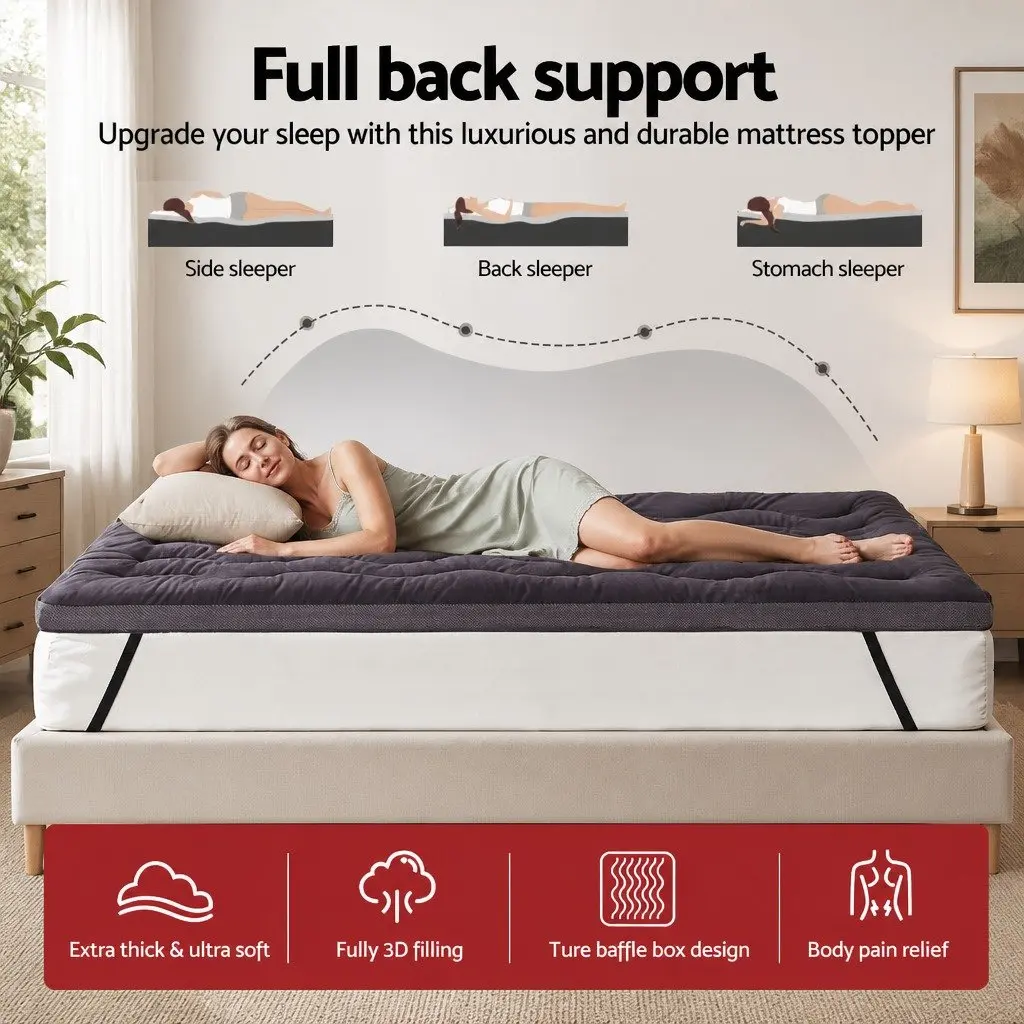 Mattress Topper Pillowtop 5cm Single Bed Breathable Washable Grey