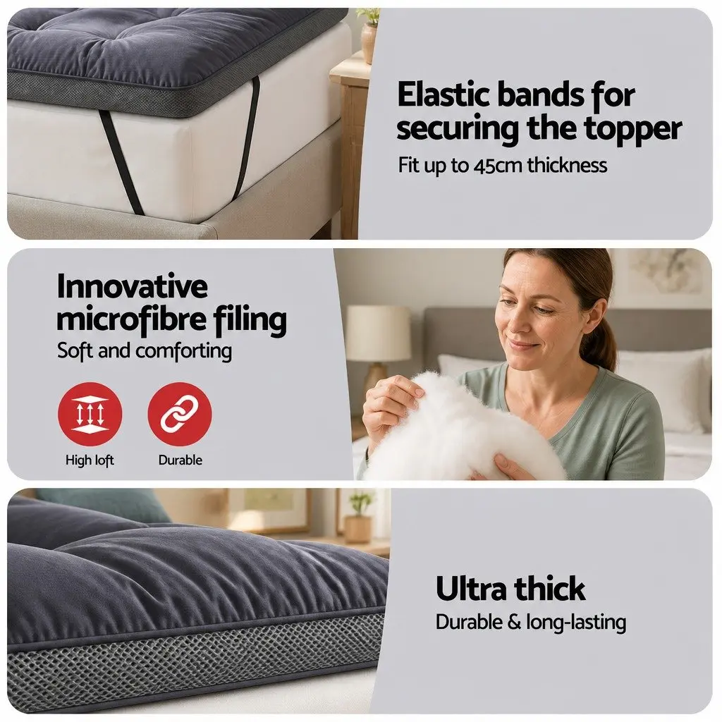 Mattress Topper Pillowtop 5cm Single Bed Breathable Washable Grey