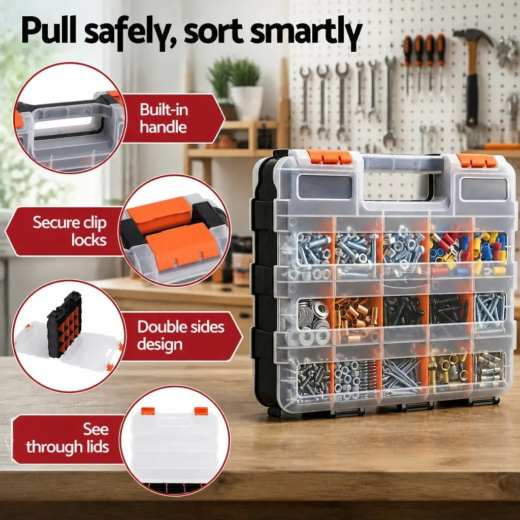 Double Sided Tool Box Organizer 34 Compartment Small Parts Storage