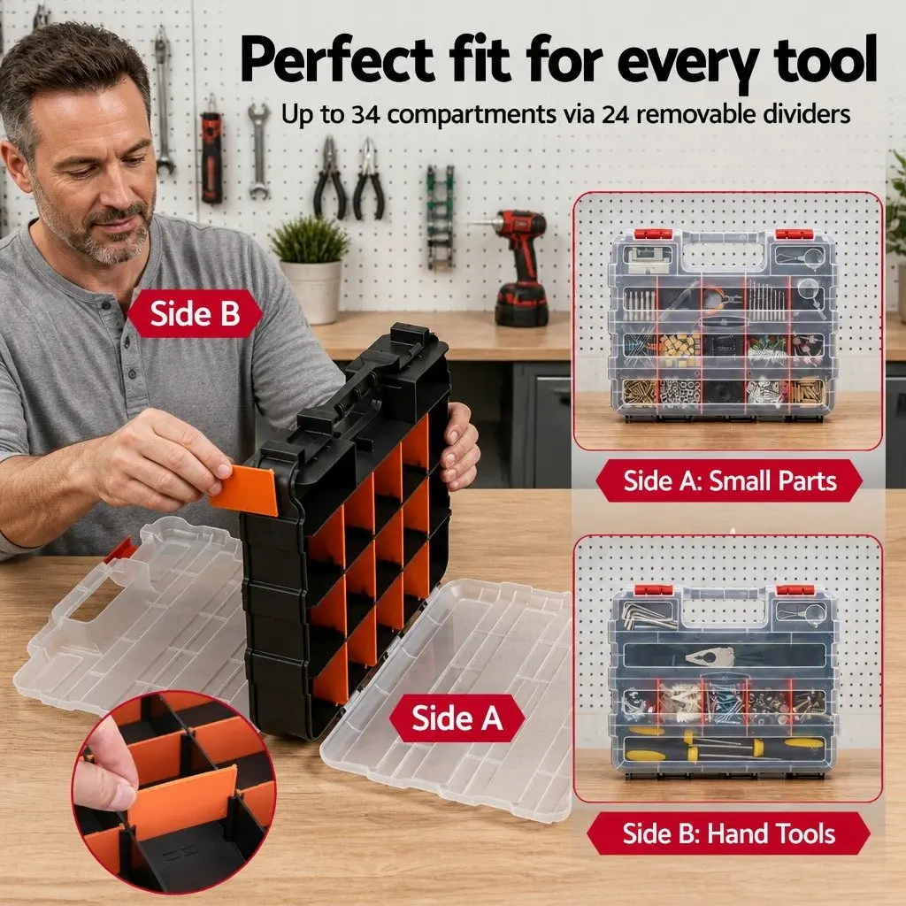 Double Sided Tool Box Organizer 34 Compartment Small Parts Storage