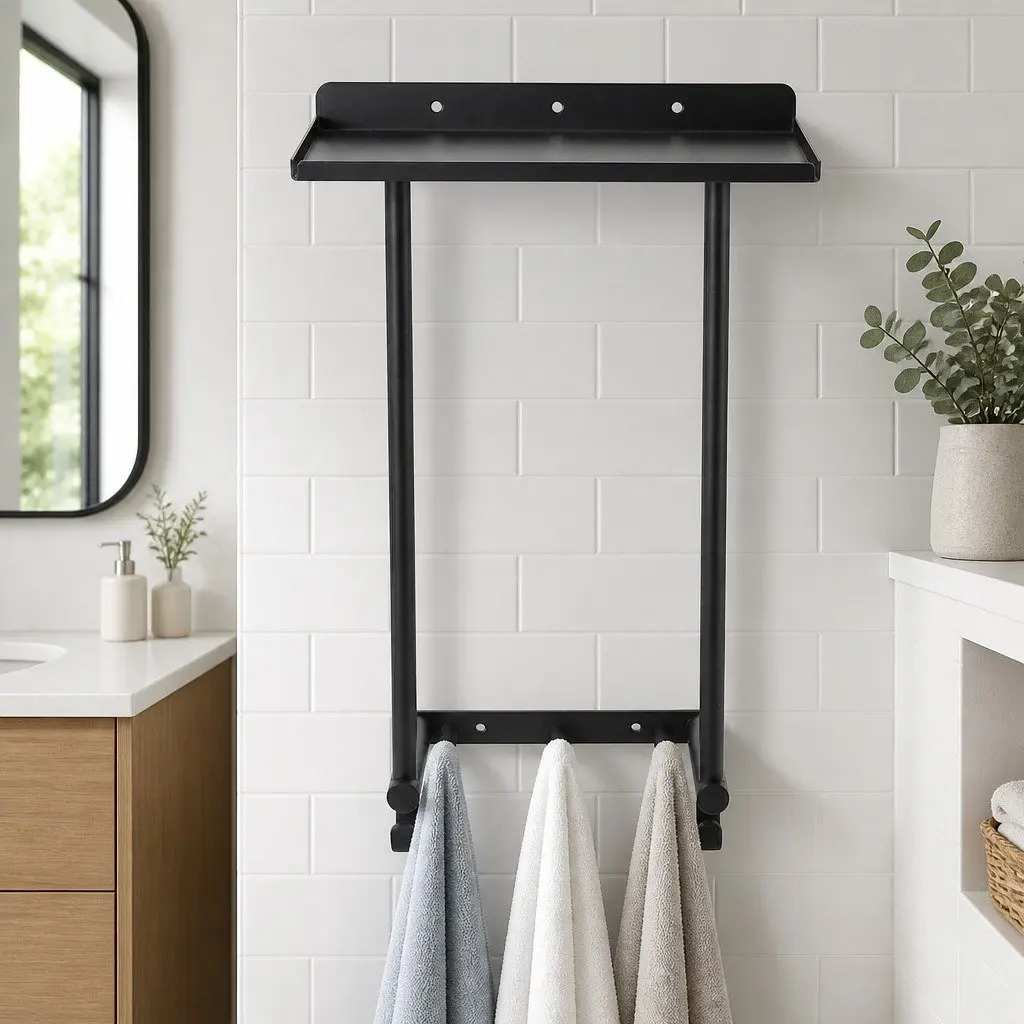 Wall Mounted Towel Rack with Shelf and 3 Hooks Carbon Steel Black 30cm L x 16cm W x 50cm H