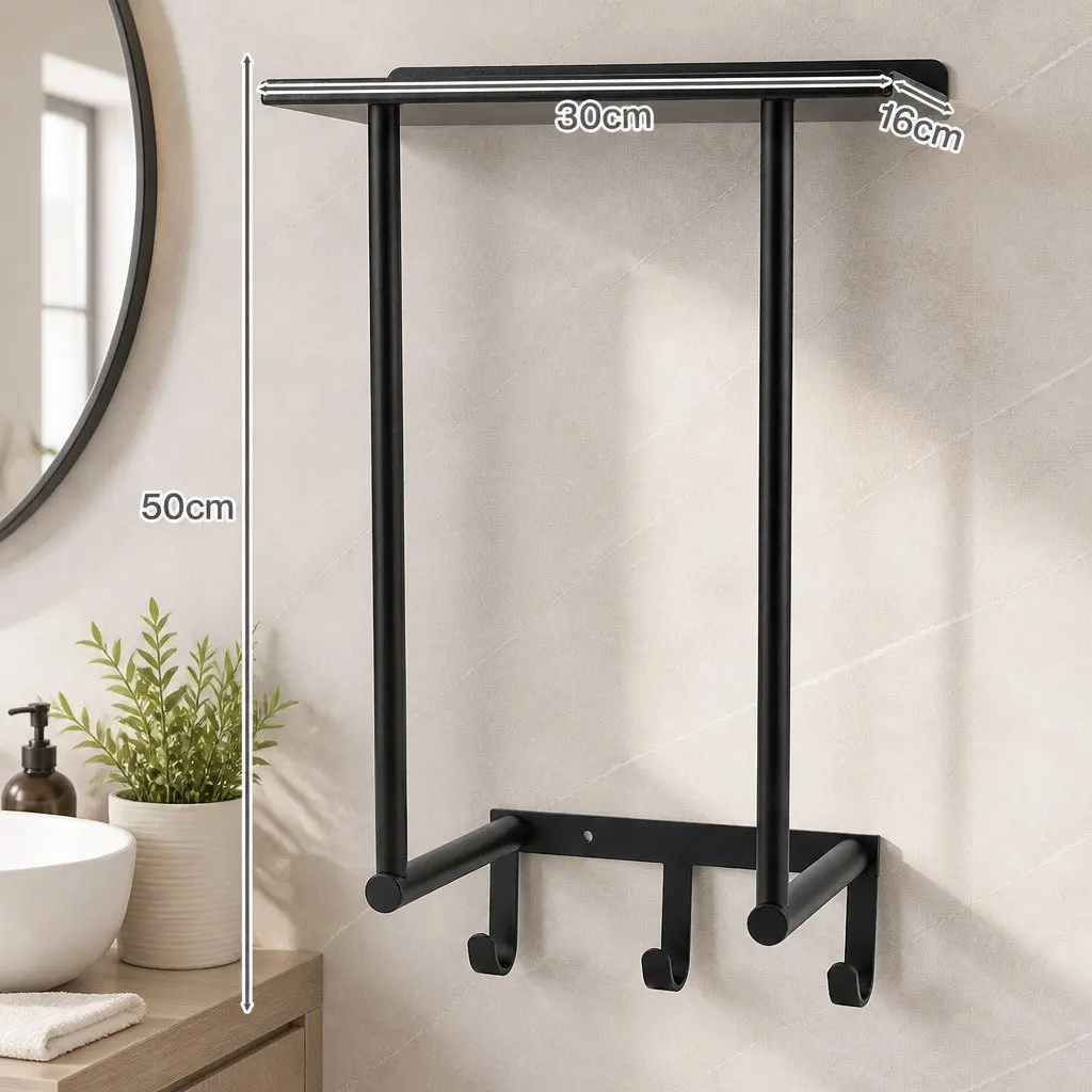 Wall Mounted Towel Rack with Shelf and 3 Hooks Carbon Steel Black 30cm L x 16cm W x 50cm H