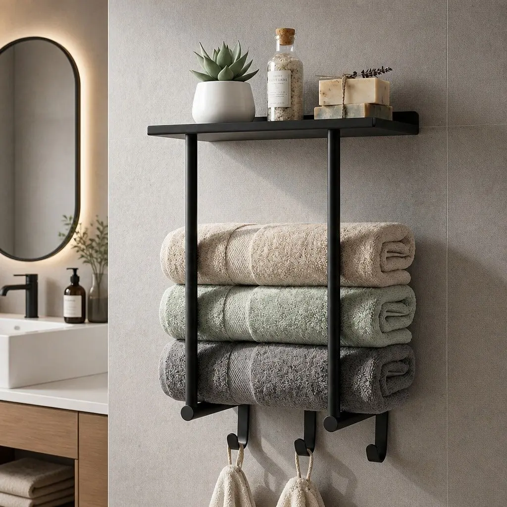 Wall Mounted Towel Rack with Shelf and 3 Hooks Carbon Steel Black 30cm L x 16cm W x 50cm H