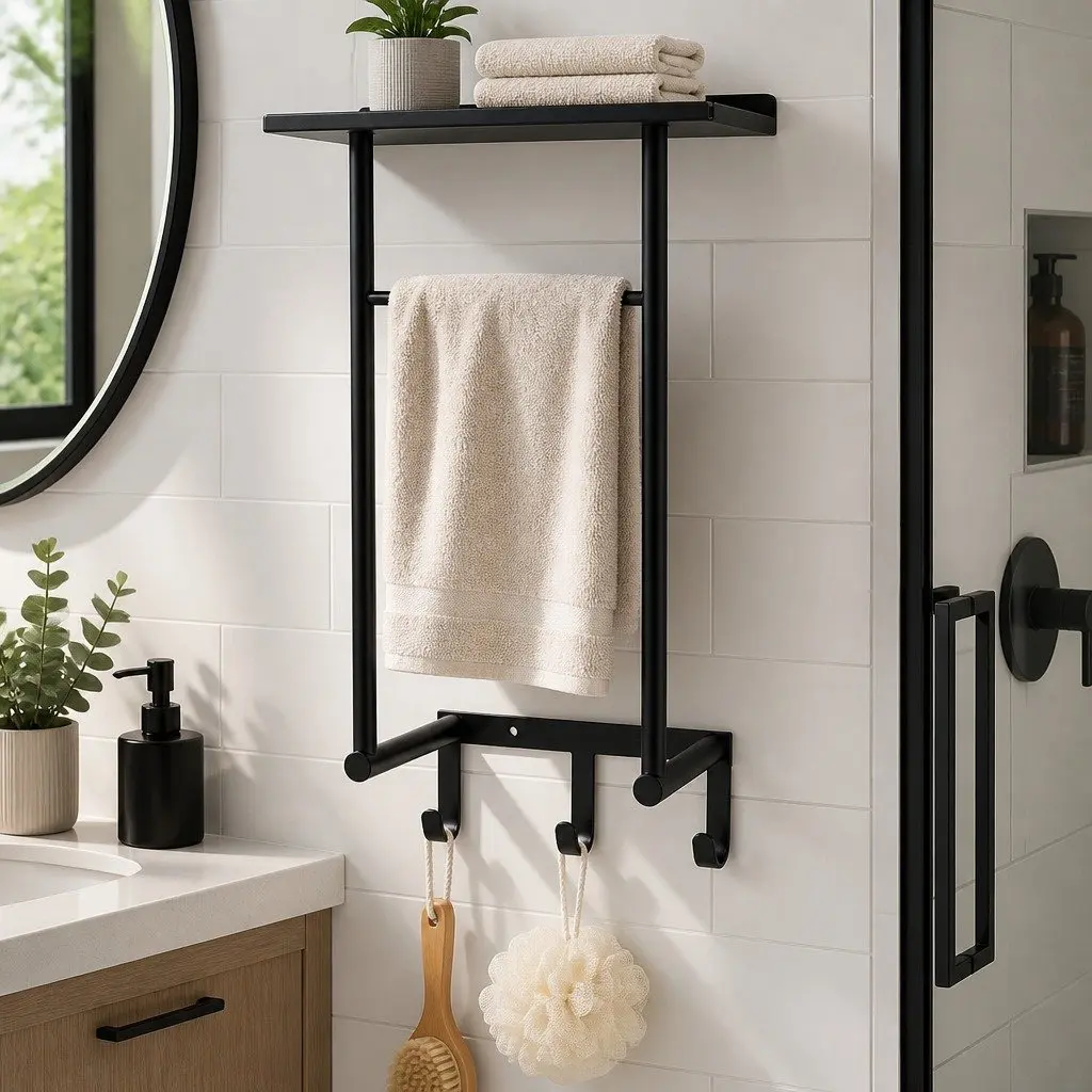Wall Mounted Towel Rack with Shelf and 3 Hooks Carbon Steel Black 30cm L x 16cm W x 50cm H