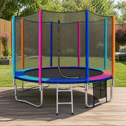12FT Kids Trampoline with Ladder Safety Net Enclosure Pad Round Rainbow Bouncer