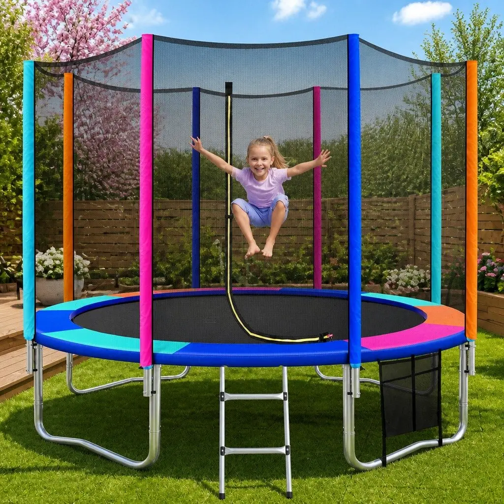 12FT Round Trampoline with Safety Net Enclosure and Ladder Rainbow Bouncer