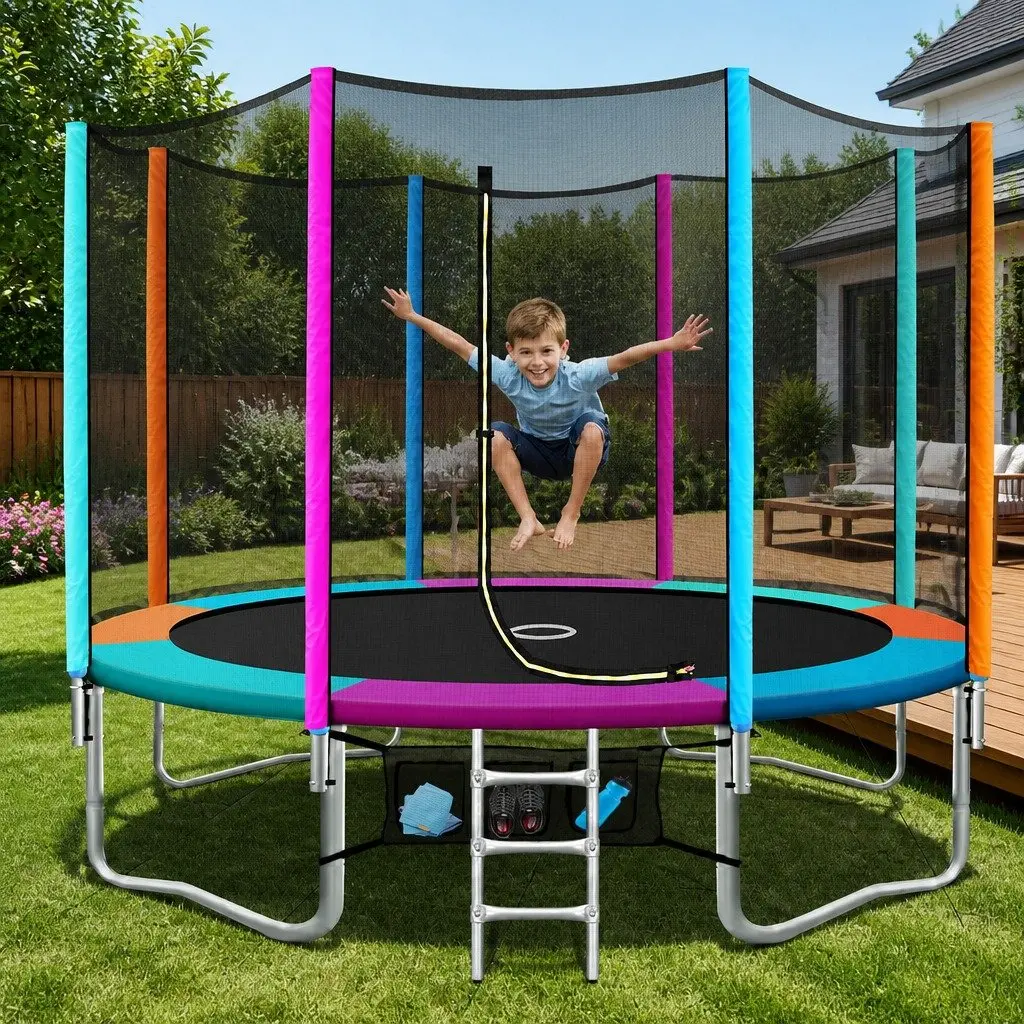 12FT Round Trampoline with Safety Net Enclosure and Ladder Rainbow Bouncer