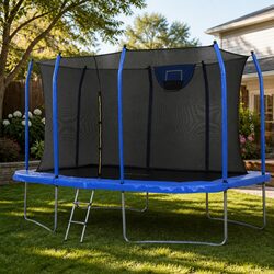 12FT Rectangle Kids Trampoline Rebounder Basketball Set Safety Net Enclosed