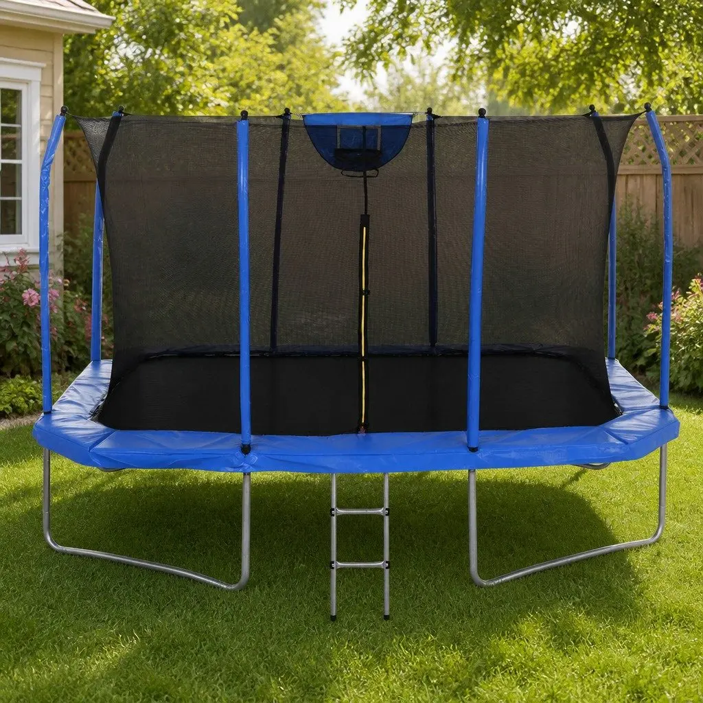 12FT Rectangle Kids Trampoline Rebounder Basketball Set Safety Net Enclosed