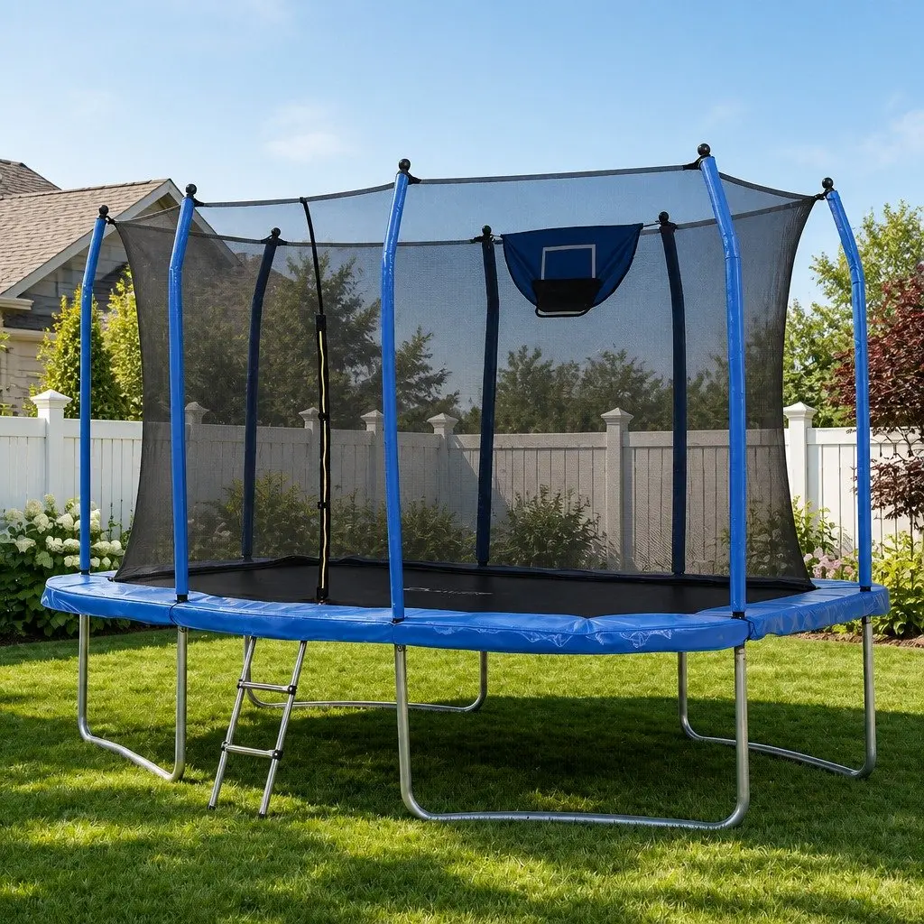 12FT Rectangle Kids Trampoline Rebounder Basketball Set Safety Net Enclosed