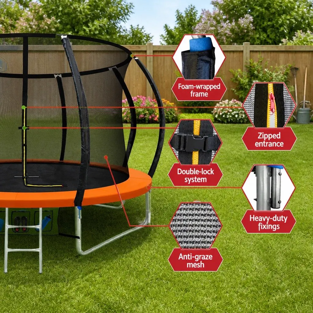 10ft Diameter Trampoline for Kids with Safety Net Enclosure and Ladder in Orange