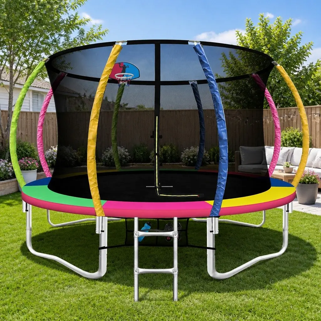 12ft Outdoor Trampoline with Safety Net and Basketball Hoop for Kids Bouncing Fun