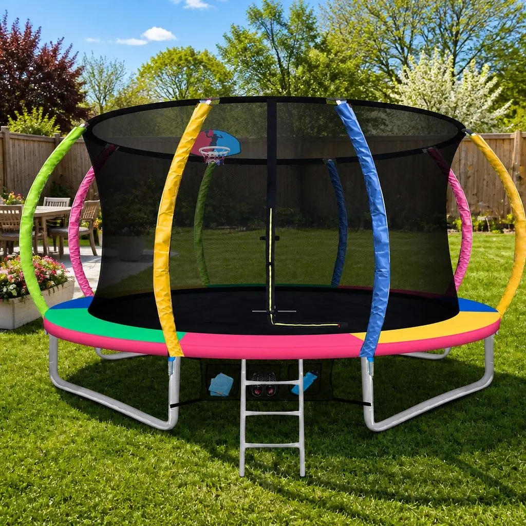 12ft Outdoor Trampoline with Safety Net and Basketball Hoop for Kids Bouncing Fun