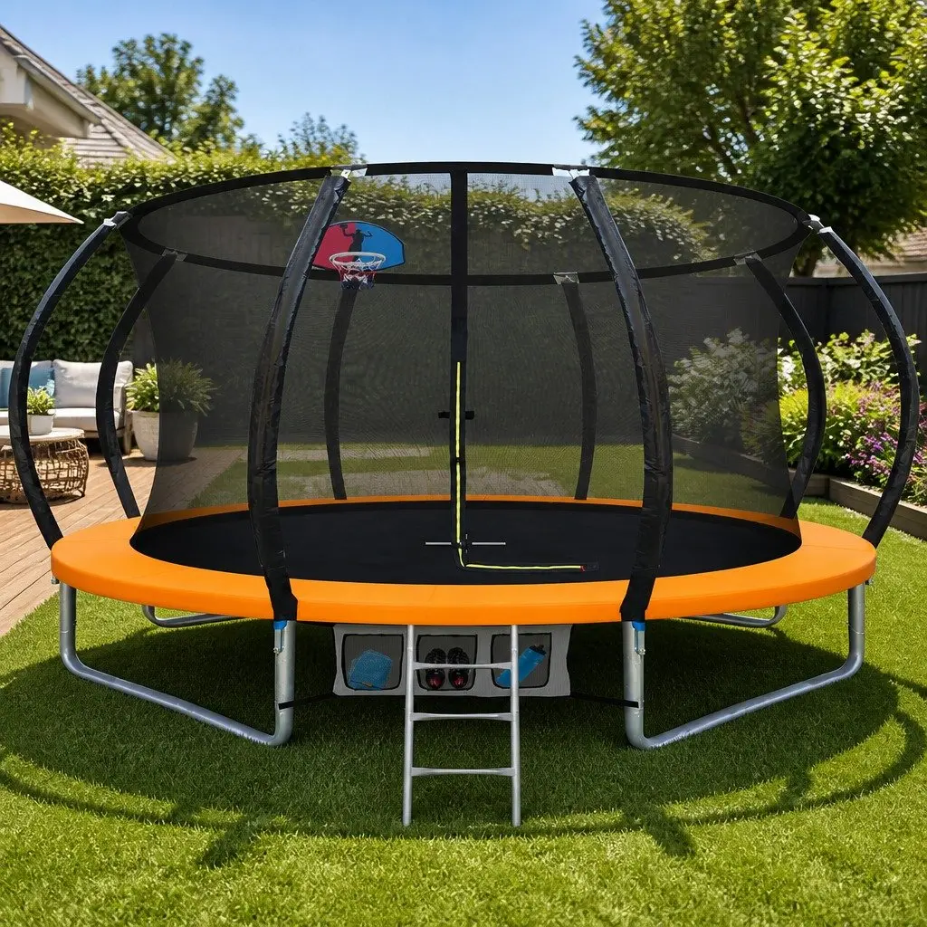 12FT Trampoline for Kids w/ Safety Enclosure Net Ladder Basketball Rebounder