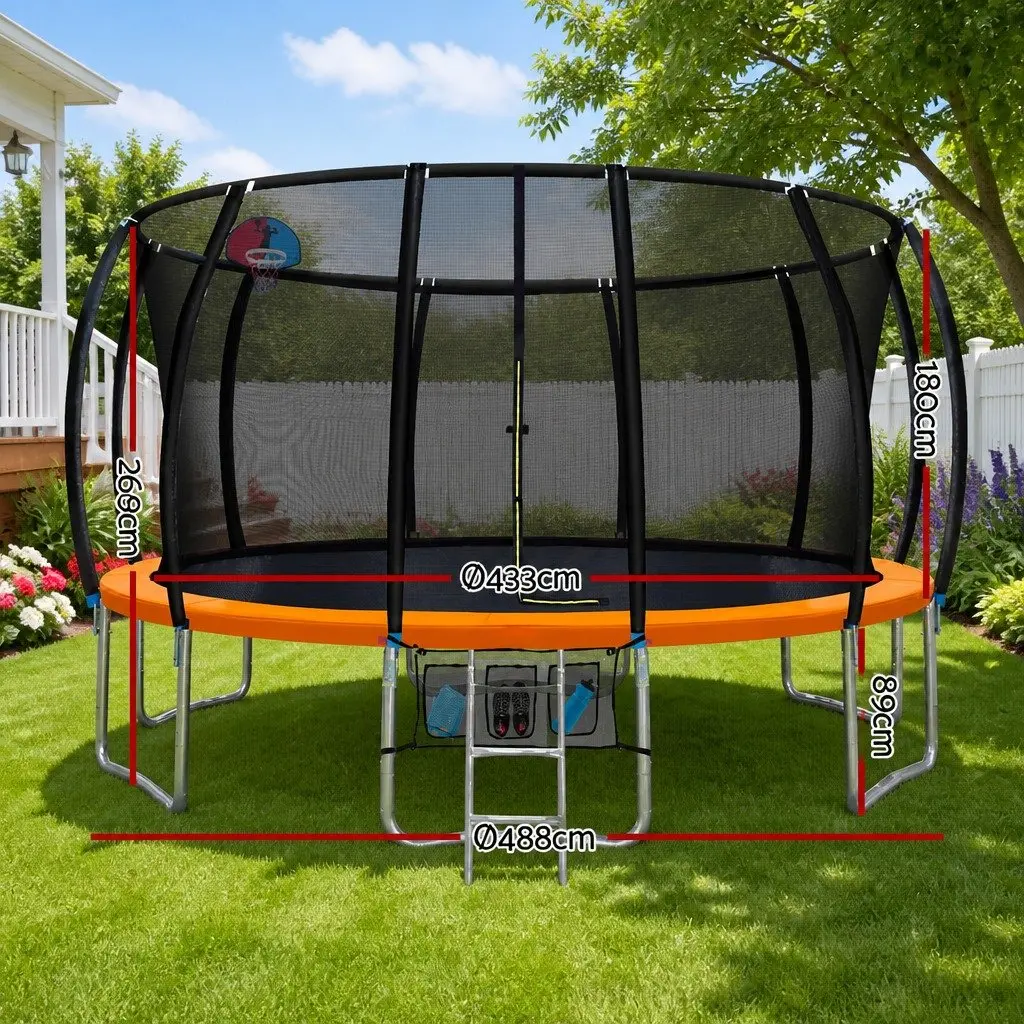 16FT Trampoline for Kids with Safety Net Ladder Basketball Hoop Orange