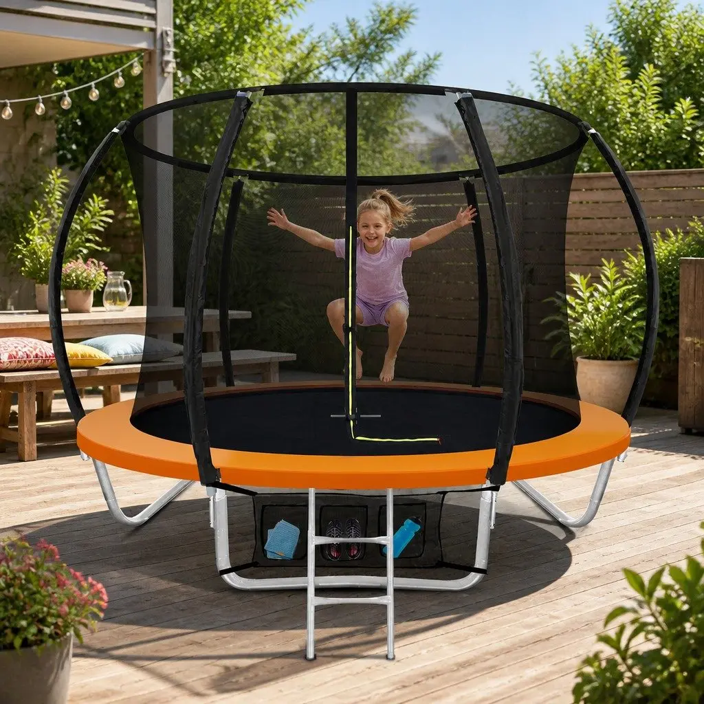 8FT Outdoor Kids Trampoline with Enclosure Safety Net and Ladder Orange