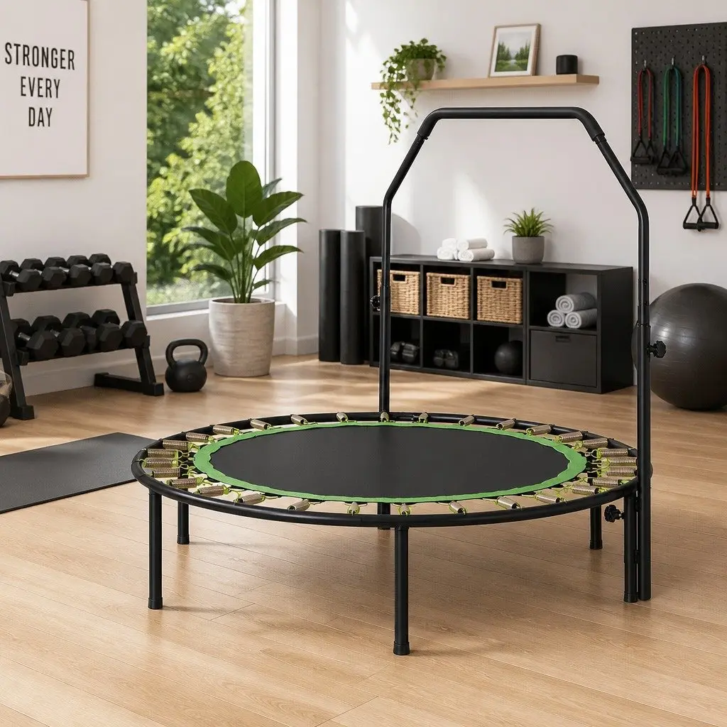 Round Fitness Trampoline 48 Inch Rebounder Adjustable Handrail Home Gym Exercise